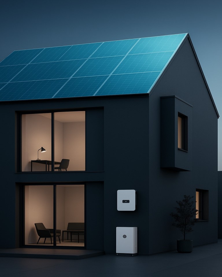 Modernes Haus mit Solarenergiesystem und Photovoltaikanlage